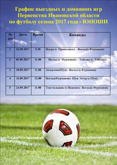 График выездных и домашних игр Первенства Ивановской области по футболу сезона 2017 года - юноши